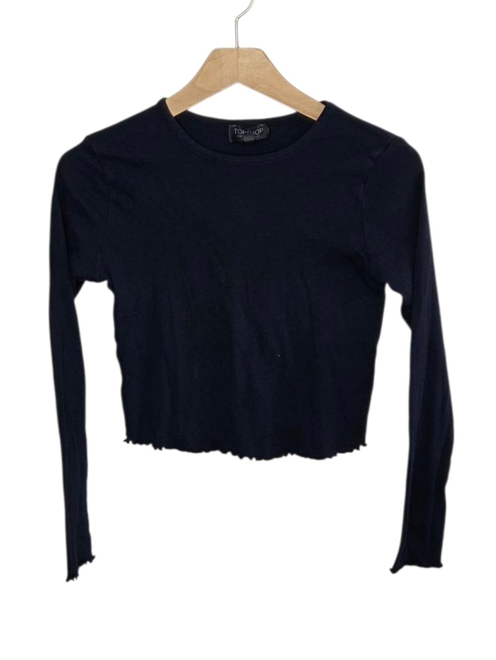 Topshop Black Long Sleeve Cropped Lettuce Ruffle Trim Tee Size US 6 100% Cotton